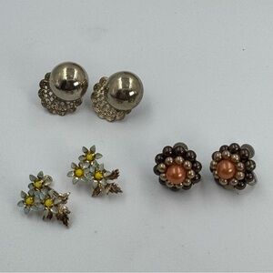 Vintage Screw Back Gold Tone Earrings Set of 3 Flowers Beaded and Classic Ball